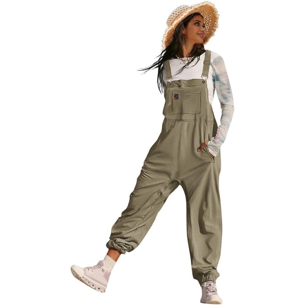 Women's Khaki Green Casual Sleeveless Adjustable Straps Loose Harem Jumpsuits
